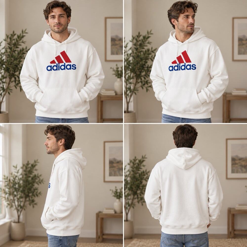 Adidas Big Logo Hoodie Men’s XL White Red Blue Pullover Sweatshirt NWOT